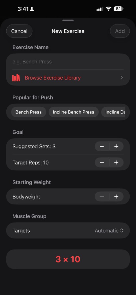New exercise sheet with suggested sets, target reps, starting weight, and muscle group