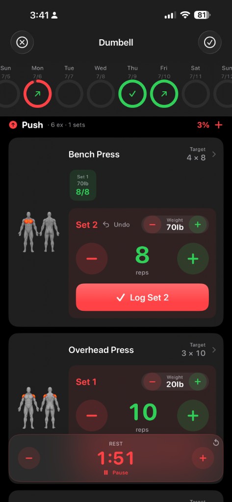 Dumbbell app showing an active Push workout with a synced rest timer running